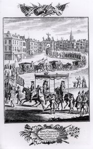 Le roi Charles II (1630-85) : Entrée triomphale dans la ville de Londres lors de sa restauration, mai 1660 - English School